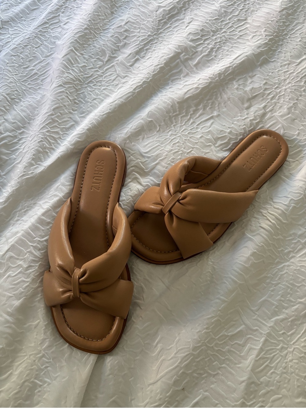 SCHUTZ Cognac Knot-Front Slide Sandals